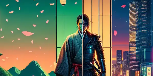 A serene samurai contrasts with a charismatic figure in a vibrant urban setting, embodying the duality of Japanese cinema.