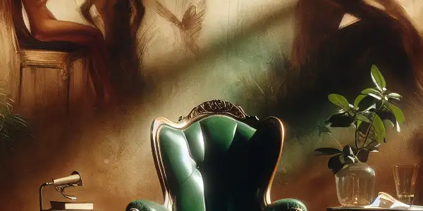 A vintage green chair surrounded by soft lighting and abstract figures, symbolizing passion and emotional complexity.