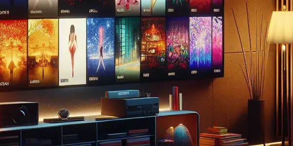 A sleek computer screen displaying vibrant thumbnails of Japanese adult films in a cozy, intimate atmosphere.