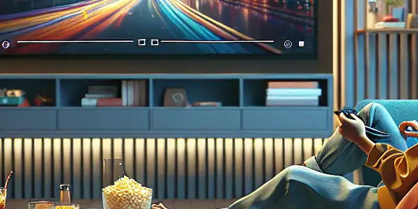 A cozy modern living room with a young adult relaxing and watching a movie, featuring warm lighting and comfortable furniture.