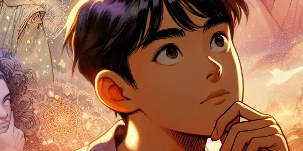 A young male protagonist surrounded by alluring figures in a vibrant, dreamlike landscape filled with sakura petals and glowing lights.