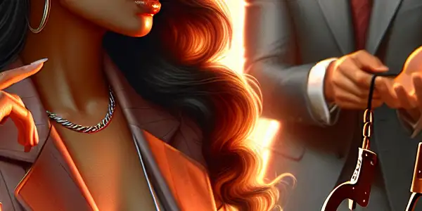 A flirtatious exchange between a confident woman and a suave man in a modern office setting.