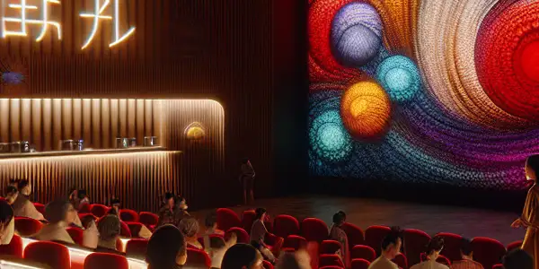 A cozy cinema hall featuring diverse adults enjoying abstract visuals, with elements of Japanese AV culture subtly incorporated.