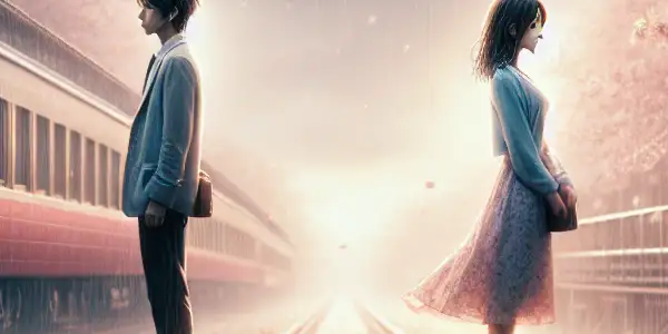 Two characters stand apart on a train platform, gazing longingly as cherry blossoms fall around them.