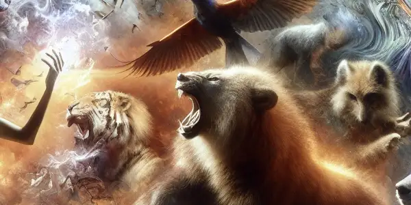 A human struggles for survival against majestic, threatening animals in a dystopian landscape of urban decay and wilderness.