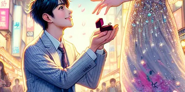 A young man proposes on a bustling Tokyo street, surrounded by cherry blossoms and a surprised woman.