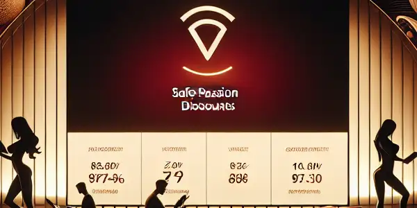 A modern adult entertainment lounge featuring cozy seating, a digital kiosk with discounts, and diverse silhouettes browsing content.