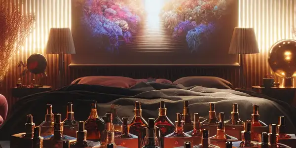 An intimate, dimly-lit room featuring a stylish table of luxurious aphrodisiac products and hints of adult cinema.