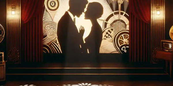 A luxurious, dimly lit room with plush seating and a vintage projector showcasing abstract, suggestive imagery.