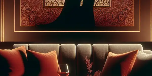 A luxurious lounge scene with silhouetted figures in an intimate embrace, rich decor, and a romantic ambiance.