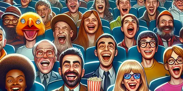 A lively movie theater scene filled with diverse characters laughing at a comedic film, featuring humorous and risqué elements.