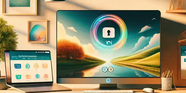 A cozy modern home office with a secure computer setup and a serene outdoor view.