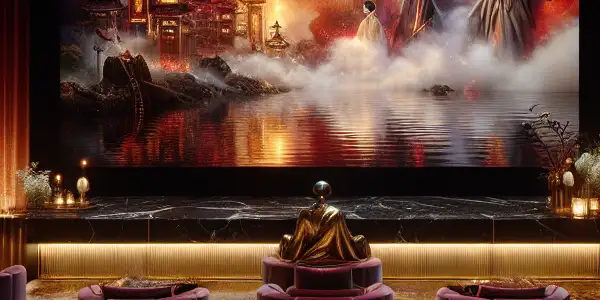 A luxurious film screening room featuring elegant seating, ambient lighting, and abstract representations of sensuality.