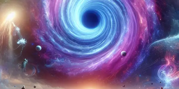 A vibrant cosmic landscape featuring a swirling wormhole, diverse characters, and exotic parallel worlds.