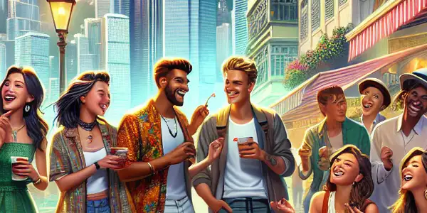 A vibrant Hong Kong street scene with diverse young adults enjoying life, romance, and adventure under a sunny sky.