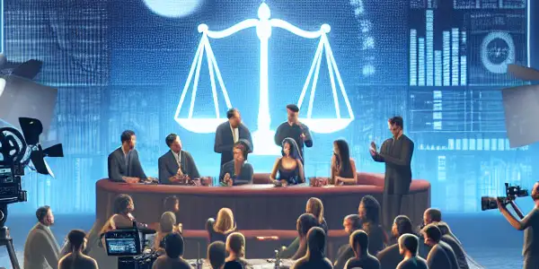 A diverse group discusses "Consent" and "Ethics" in a film studio, blending traditional and digital elements of adult content creation.