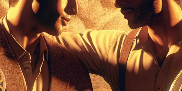 Two men in an intimate room share a passionate moment, surrounded by cinematic elements and warm lighting.