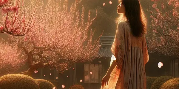 A young woman in a flowing dress stands in a sunlit garden of blooming peach trees, embodying youthful exploration and seduction.