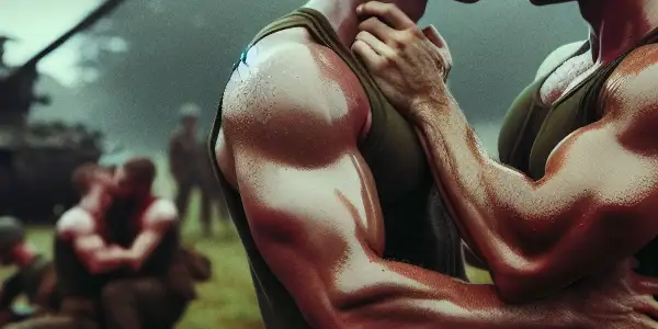 Two marines share a moment of camaraderie in a rugged military training camp, blending strength and emotional connection.